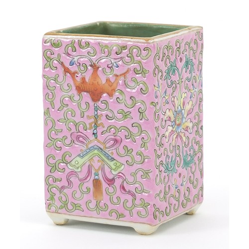 292 - Chinese porcelain pink ground square section brush pot hand painted with bats and flower heads with ... 