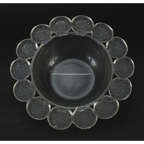 222 - Rene Lalique, French glass bowl with flower head border, etched R Lalique France to the base, 26.5cm... 