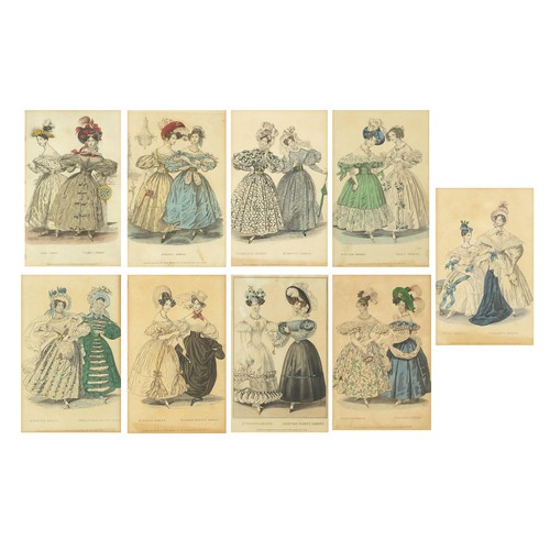 1736 - Set of nine 19th century coloured fashion plates including summer riding dress, evening dress and ba... 