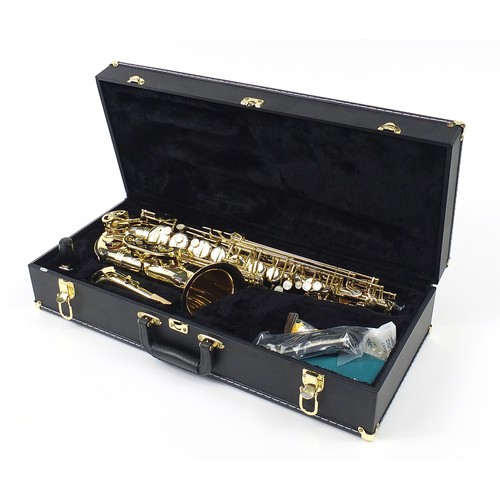 701 - Evette Buffet Crampon brass saxophone, housed in a fitted case, 60cm in length