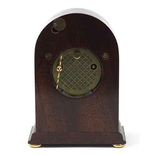 110 - Knight & Gibbins of London, inlaid mahogany dome top mantle clock with circular dial having Roman nu... 