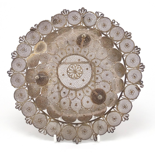 1537 - Indian silver coloured metal filigree footed dish, 18cm in diameter, 187.4g