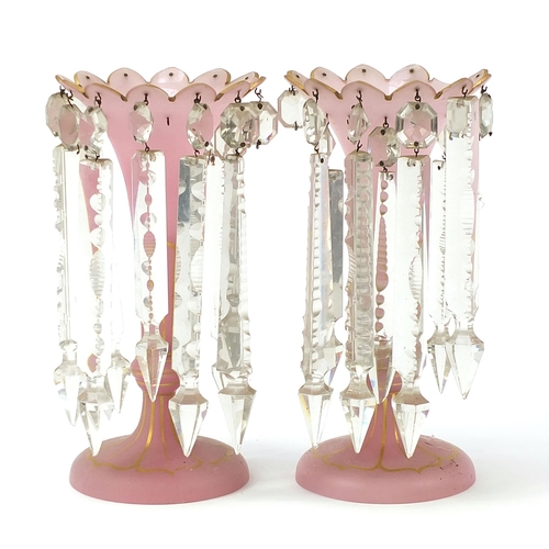 1483 - Pair of 19th century pink opaline glass lustre vases with cut glass drops, each 27.5cm high