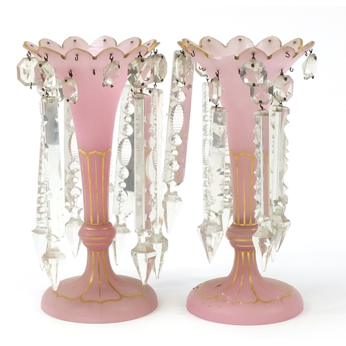 1483 - Pair of 19th century pink opaline glass lustre vases with cut glass drops, each 27.5cm high