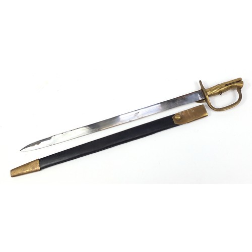 618 - Military interest short sword bayonet with part leather scabbard and steel blade, 72cm in length