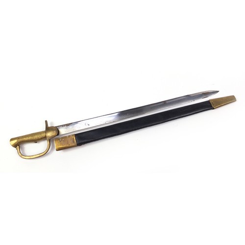 618 - Military interest short sword bayonet with part leather scabbard and steel blade, 72cm in length