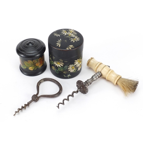 1542 - Objects including two lacquered cylindrical boxes with covers and an ivory handled corkscrew with st... 