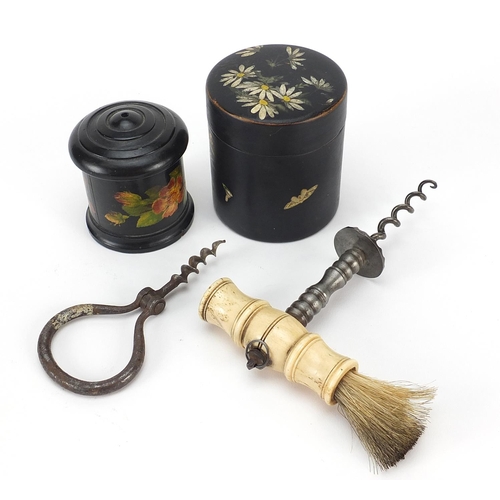 1542 - Objects including two lacquered cylindrical boxes with covers and an ivory handled corkscrew with st... 