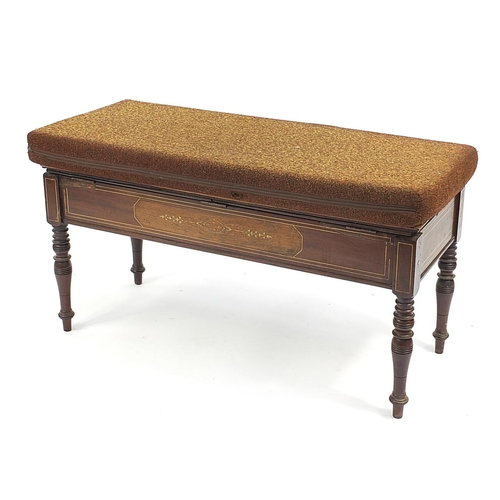 663A - Inlaid rosewood duet stool with lift up seat, 53cm H x 96cm W x 41cm D