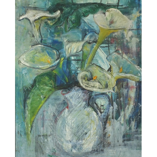 1791 - Still life flowers in a vase, abstract oil on canvas, mounted and framed, 59.5cm x 49.5cm excluding ... 