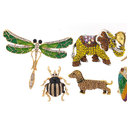 1175A - Seven jewelled and enamel animal and insect brooches including dragonfly, butterfly, elephant and Da... 