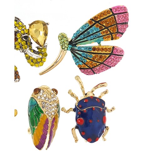 1175A - Seven jewelled and enamel animal and insect brooches including dragonfly, butterfly, elephant and Da... 