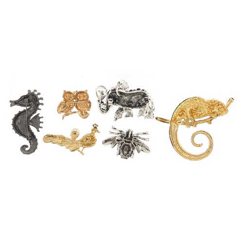 1115A - Six jewelled and enamel animal and insect brooches including chameleon, peacock, seahorse and elepha... 