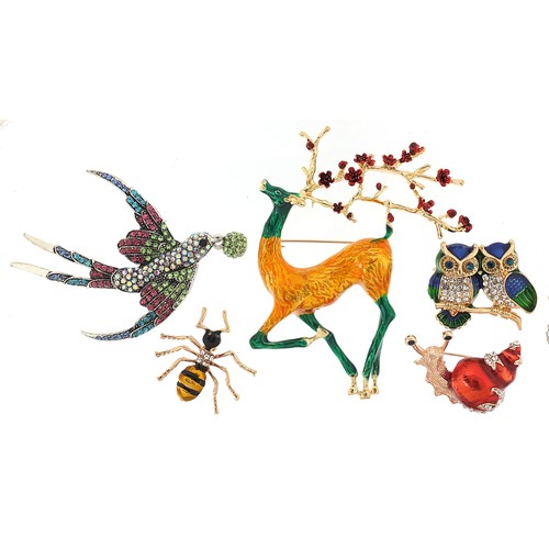 1160A - Seven jewelled and enamel animal and insect brooches including stag, birds of paradise, snail and ow... 