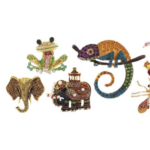 1134A - Six jewelled and enamel animal and insect brooches including chameleon, bird of paradise, frog and e... 