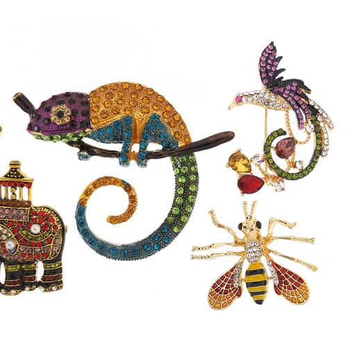 1134A - Six jewelled and enamel animal and insect brooches including chameleon, bird of paradise, frog and e... 