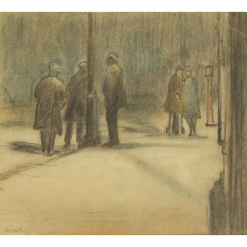 404 - Rimmer - Figures in a street, pastel, Stephen Jones, London label verso, mounted, framed and glazed,... 