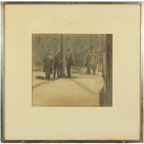 404 - Rimmer - Figures in a street, pastel, Stephen Jones, London label verso, mounted, framed and glazed,... 