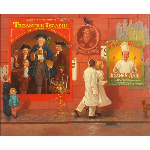 304 - Peter Lawman - Street scene with figures before a Treasure Island poster, comical oil on canvas, mou... 