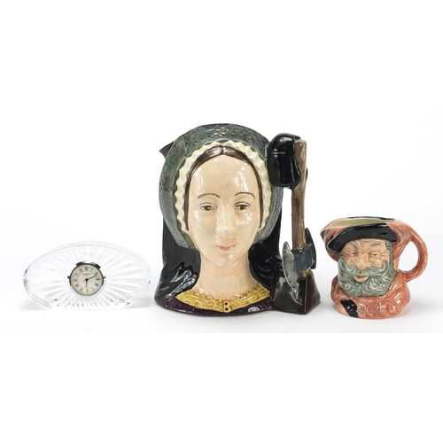 408 - Two Royal Doulton character jugs and a Waterford crystal clock, comprising Anne Boleyn D6644 and Fal... 