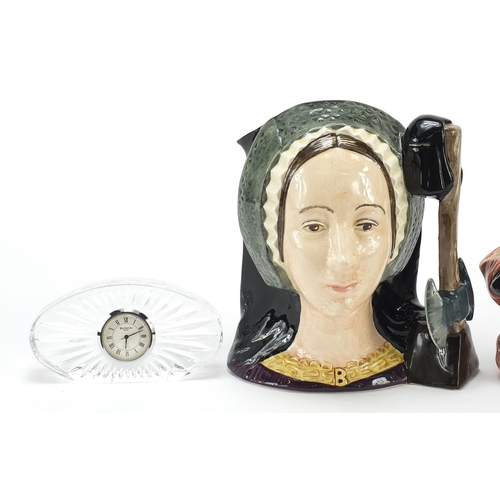 408 - Two Royal Doulton character jugs and a Waterford crystal clock, comprising Anne Boleyn D6644 and Fal... 