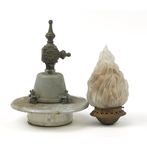 1784 - **WITHDRAWN** Vintage Holophane street lamp and a light fitting with flame glass shade, the largest ... 