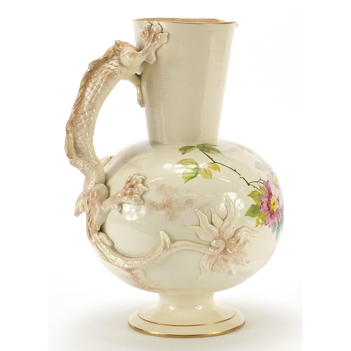 370 - Late 19th century Doulton jug with dragon handle, hand painted with flowers, 25cm high