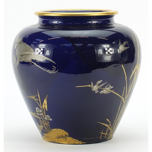 59 - Victorian Aesthetic porcelain vase hand painted and gilded with birds in flight, retailed by Mortloc... 