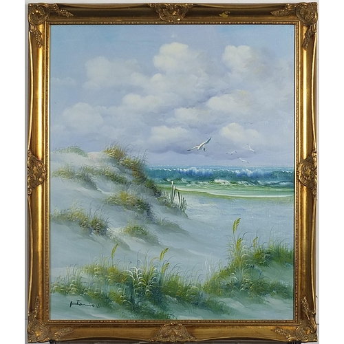 403 - Costal scene with seagulls, oil on canvas, mounted and framed, 60cm x 50cm excluding the mount and f... 