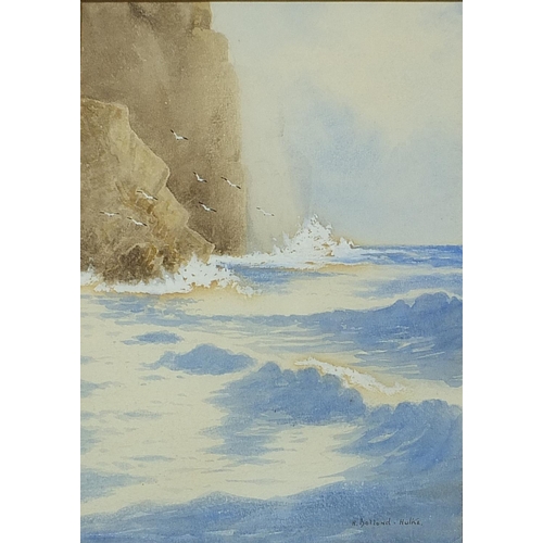 366 - H Holland-Hulke - Cornish coast, watercolour, Sunbeam Photo Ltd, Margate label verso, mounted, frame... 