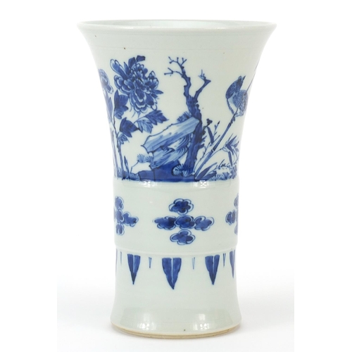 286 - Chinese blue and white porcelain Gu beaker vase, hand painted with birds amongst foliage, 20.5cm hig... 