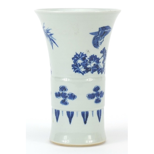 286 - Chinese blue and white porcelain Gu beaker vase, hand painted with birds amongst foliage, 20.5cm hig... 