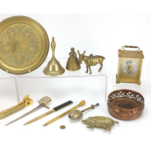 15 - Metalware including copper cigar box, wine coasters, carriage clock and brass objects