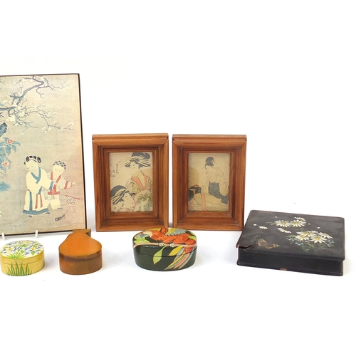 11 - Wooden and lacquered objects including a Victorian papier mache box and cover and vintage design Jap... 