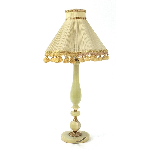 35 - Onyx and brass table lamp with silk lined shade, 68cm high
