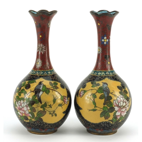 50 - Pair of Japanese cloisonne vases enamelled with butterflies and birds amongst flowers, each 18.5cm h... 