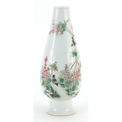 391 - Chinese porcelain vase hand painted in the famille rose palette with birds amongst flowers, iron red... 