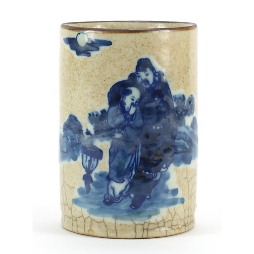 379 - Chinese crackle glaze porcelain brush pot hand painted with two figures, 13cm high