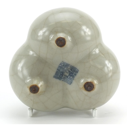 392 - Chinese Ge ware type tripod incense burner, six figure character marks to the base, 10cm wide