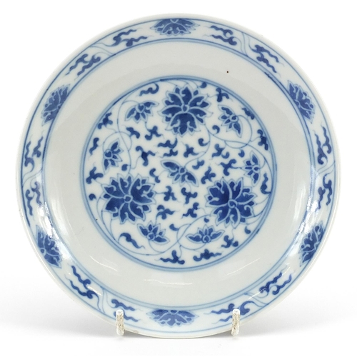 287 - Chinese blue and white porcelain dish hand painted with flower heads amongst scrolling foliage, six ... 