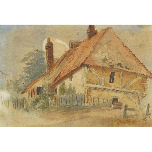 1527 - Cottage before a landscape, early 20th century watercolour, monogrammed A K, mounted, framed and gla... 