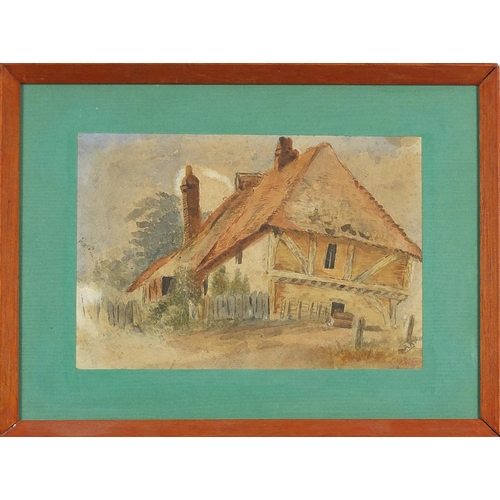 1527 - Cottage before a landscape, early 20th century watercolour, monogrammed A K, mounted, framed and gla... 