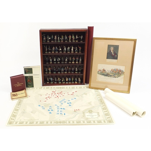 1783 - Great regiments of Waterloo pewter soldiers by The Franklin Mint with wall display shelves, prints a... 