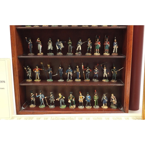 1783 - Great regiments of Waterloo pewter soldiers by The Franklin Mint with wall display shelves, prints a... 