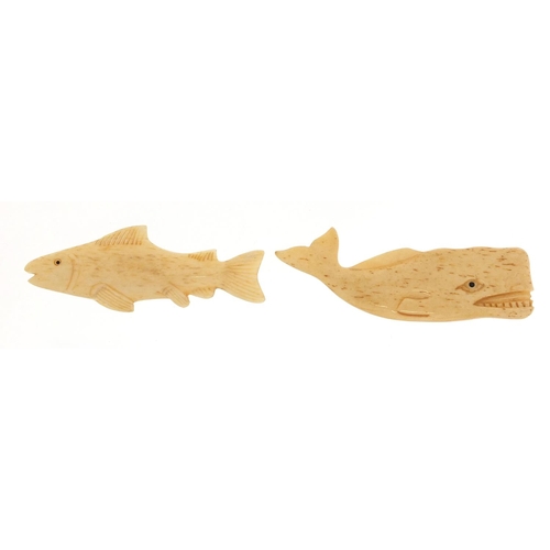 1541 - Two carved bone animals including a whale, the largest 8cm in length