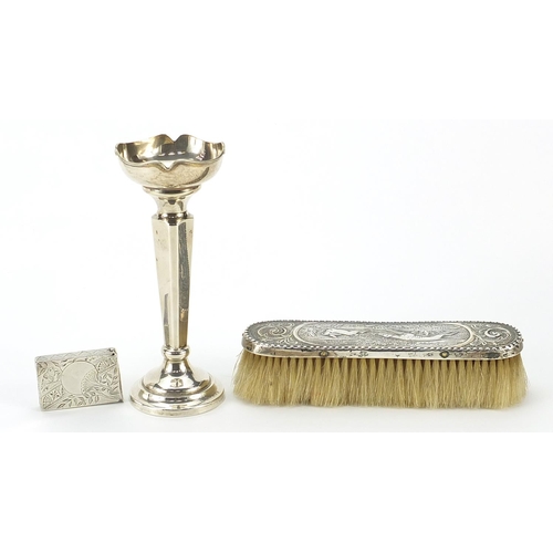 349 - Silver objects comprising antique unmarked vesta, clothes brush embossed with a hound and a hare and... 