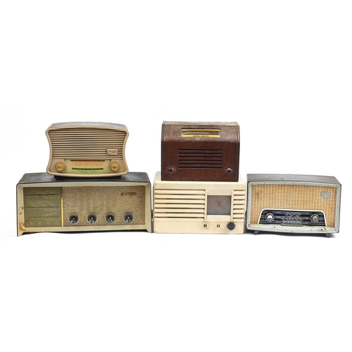 1410 - Five vintage Bakelite and wooden radios including G. Malcom, Pye and Ferguson, the largest 52cm wide