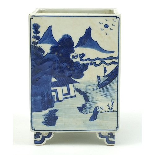 394 - Chinese blue and white porcelain square section planter hand painted with figures in a river landsca... 