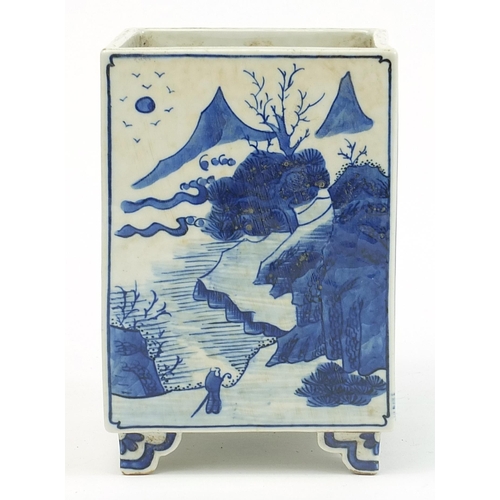 394 - Chinese blue and white porcelain square section planter hand painted with figures in a river landsca... 