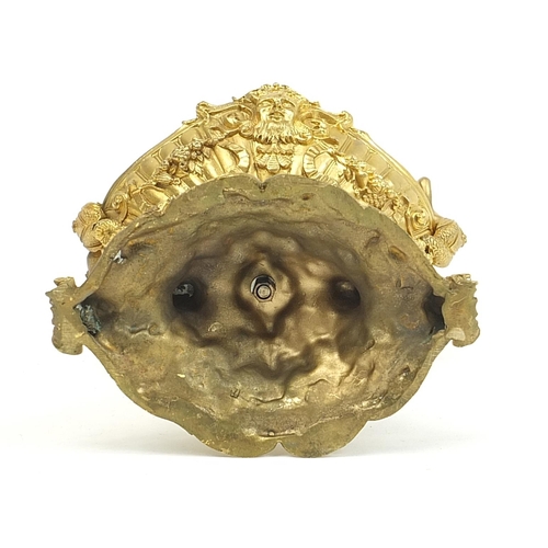 294 - Gilt bronze pedestal dish with animal heads and mermaid handles, 22cm high